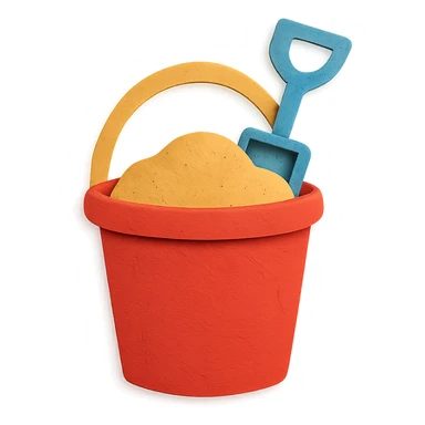 beach bucket and pail with sand and a small shovel, bright colors, in paper-craft style sticker