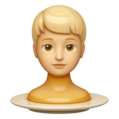 apple style emoji of a bust sculpture all features shapes made from single tall flan with uniform slightly translucent beige gelee texture, on white plate sticker