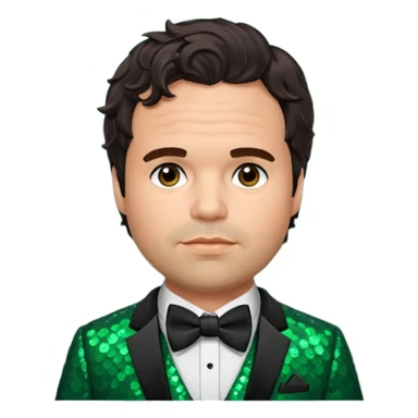 Mark Ruffalo with dark brown hair, dark green sequin suit with bow tie sticker