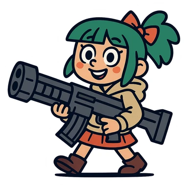 funny, positive stalker girl named Businka with a huge machine gun sticker