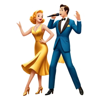 Vintage movie poster-style icon for a musical film. The cityscape glows in the background, evoking the golden era of musicals. A vibrant street scene with bright lights, dancers mid-step, a singer with a microphone, and a jazz band playing. Transparent background. sticker
