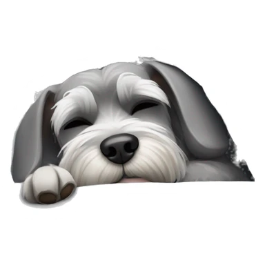 Grey and white mini schnauzer asleep curled up in a cozy grey bed      sticker