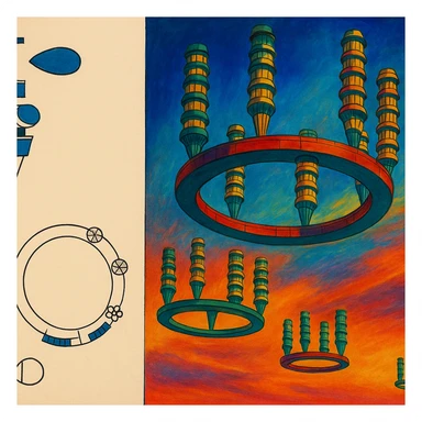 Летающий город в СССР 1920-х годов Георгия Крутикова слегка рисованный, но при этом объемный стиль, яркие цвета sticker