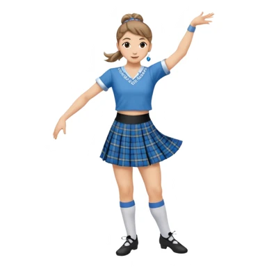 Female highland dancer with hair in bun wearing blue plaid kilt and dancing sticker