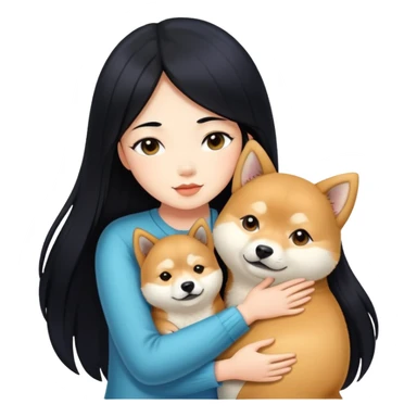 A beautiful girl with long black hair hugs a Shiba Lnu sticker