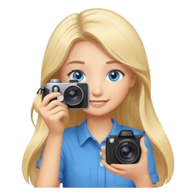  blue eyes blonde girl photographer cartoon taking picture in middle of taking picture camera in front of face long hair smiling funny flash professional, camera in front of face sticker