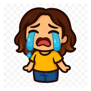 Create a chibi emote of a woman from the reference wearing a yellow t-shirt and jeans, crying with big tears, no headband, no wand, matching the attached green heart emote as a base, transparent background sticker