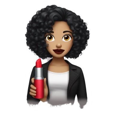White curl, curly long black hair holding her lipstick lips sticker