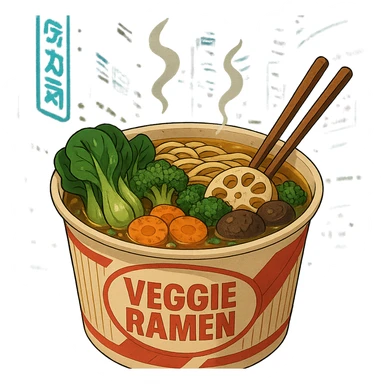 cyberpunk futuristic, scifi, a bowl of delicious veggie , ramen, 1990s, paper cup, classic style branding sticker