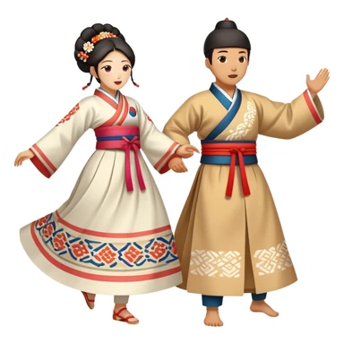 Cinematic Realistic scene of two performers engaging in Ganggangsullae, dressed in traditional Korean costumes with intricate patterns and graceful movements, illuminated by soft, festive lighting that accentuates the cultural ambiance sticker