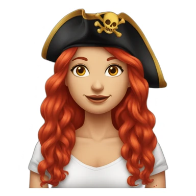 Woman long red hair. Hair hanging to one side only and hairstlye is a single platt, tattoo on side of head.  pirate hat. skull and crossbones t shirt sticker