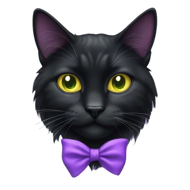 Black Long hair cat with slight white markings on chest and bright greenish yellow eyes with a purple bow by the left ear  sticker