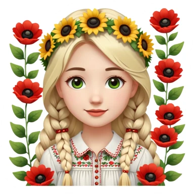 Эмодзи молодой украинской девушки, красивой, весёлой, в ярком мультяшном стиле, похожем на современные анимированные смайлики или персонажей Disney/Pixar. У неё светлая кожа, большие искрящиеся глаза, нежная улыбка, румяные щёки. На голове цветочный венок из ромашек, маков и подсолнухов с зелёными листьями, яркий и объёмный. Она одета в белую вышиванку с рукавами, украшенными красными и чёрными геометрическими узорами, платье слегка расклешённое. На шее крупные красные бусы, блестящие, как кораллы. Волосы длинные, светло-русые, заплетены в косу, виднеющуюся из-под венка. Эмодзи выразительное, с позитивной энергией, чёткими контурами, яркими цветами. Фон полностью прозрачный, изображение квадратное, оптимизировано для использования как смайлик. sticker