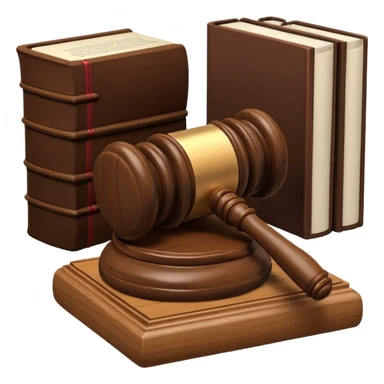 A 3D cartoon judge’s gavel resting on a block beside law books, warm wooden background, realistic Memoji-style rendering. sticker