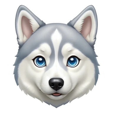 Cinematic Cute Siberian Husky Portrait Emoji, Head tilted playfully and inquisitively, featuring a lush grey and white coat with striking accents, round, sparkling icy blue eyes filled with curiosity, Simplified yet irresistibly adorable features, highly detailed, glowing with a crisp, friendly glow, high shine, affectionate and lively, stylized with a touch of whimsy, bright and endearing, soft glowing outline, capturing the essence of a mischievous yet loving pup, so playful it feels like it could dash out of the screen and into your arms! sticker