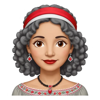 Latina woman, about 55 years old, slightly darker warm brown skin, round soft face, curly black and gray hair, red and white headband, medium eyes, thin eyebrows, gentle smile, gray peasant blouse with embroidery, bare shoulders, large dark necklace sticker