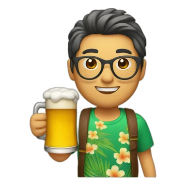Japanese wearing roundglasses alohashirt is holding beer sticker