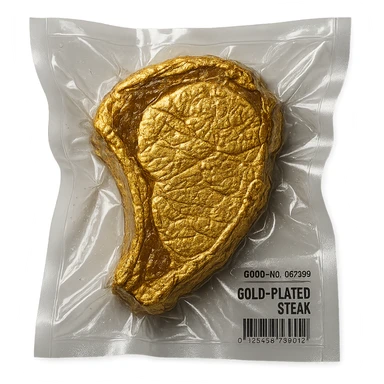 steak covered in edible gold, shiny and inflated, vacuum-sealed style sticker