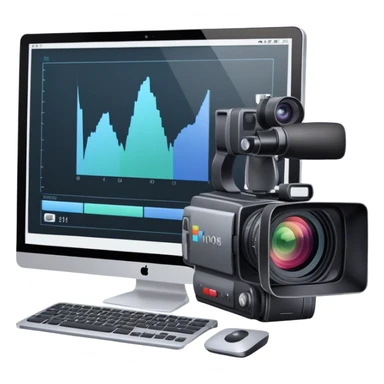 Create an emoji for video editing. Show a computer screen with a video timeline, clips, and editing tools (e.g., scissors). Add a video camera. Use modern, professional colors. Do not include any emojis or smiley faces. Make the background transparent sticker