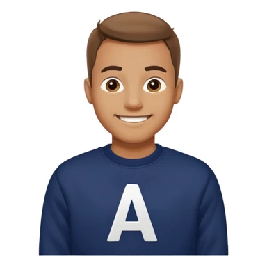 man wearing a navy sweatshirt with a giant white letter A on the upper right of the chest sticker