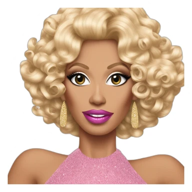 Drag queen Rupaul, curly blonde hair styled swept to the right. pink sequin dress, standing with left hand on hip, right hand raised in the air. Iconic, legendary sticker