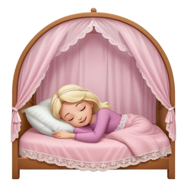 girl sleeping in light pink bed with white lace curtains canopy around itemoji sticker