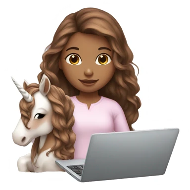 Brown hair girl holding a unicorn and a laptop sticker