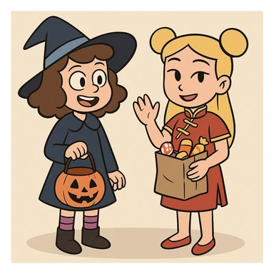 girl brown classic curls hair blue witch a witch costume purple stripes socks black boots girl yellow hair Chinese Girl Costume Red Oriental Dress red shoes some trick or treats  sticker