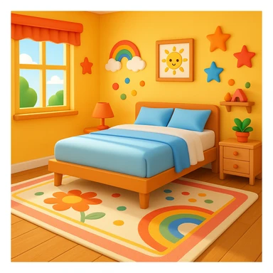 Add a colorful bedroom background with bright walls, playful decorations, and a cozy rug. Keep the room tidy and inviting in emoji style sticker