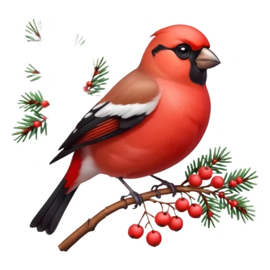 3D emoji of a bright red bullfinch bird (Snegir) sitting on a pine branch covered in fluffy white snow and red frozen rowan berries. Vibrant colors, soft feathers texture, glossy 3D icon style, Apple aesthetic, isolated on a solid white background, studio lighting. sticker