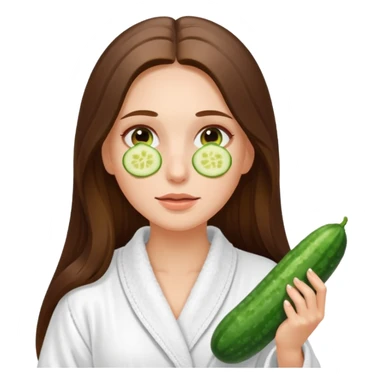 white long brunette hair girl with hazel eyes in a bathrobe with cucumbers on her eyes sticker