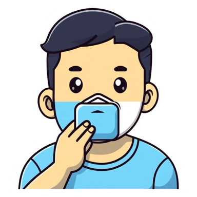 Person holding square ice pack on swollen cheek sticker