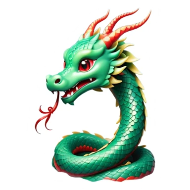 Cinematic Cute Chinese Serpent Dragon Portrait Emoji, Head tilted playfully and inquisitively, showcasing a slender, flowing body with vibrant jade scales and soft vermilion accents intertwined with whimsical wisps of cloud and water details; rendered with realistic finesse and warm natural light, high shine, charming and spirited, styled with a touch of mythic whimsy, soft glowing outline, capturing the essence of a mischievous yet endearing celestial dragon poised to weave magic into your dreams! sticker