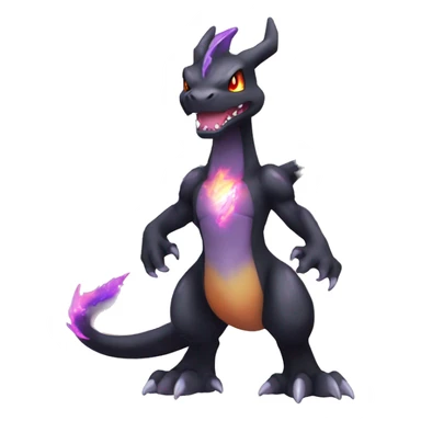 Black shiny sparkly chibi Charizard-Fakémon with purple flame on tail full body sticker