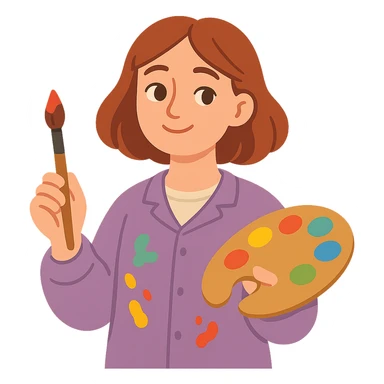 Serene female oil painter, Caucasian features, shoulder-length auburn hair, soft brown eyes, gentle smile, wearing a violet painter’s smock lightly stained with paint over a beige blouse, holding a wooden palette with vibrant colors in one hand and a brush in the other, waist-up, front-facing sticker