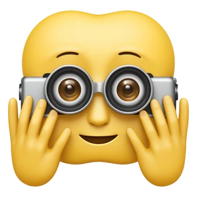 A 3D Apple-style yellow emoji character, classic round shape, using both hands to form a rectangular “camera frame” in front of its face, fingers extended and slightly curved, focused expression with raised eyebrows, cartoonish eyes looking through the frame, clean minimal background sticker