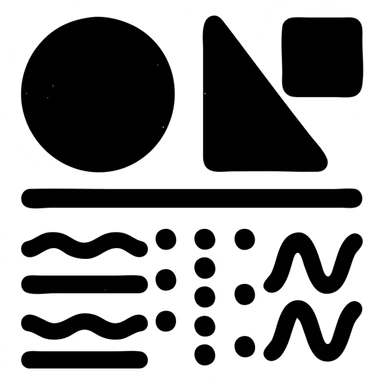 abstract minimalist solid icon of geometric shapes below a horizontal line, with abstract data streams of lines, dots, or waves, worn and distressed effect sticker