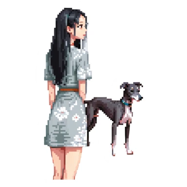 Slim Chinese woman with long black hair in a cute summer outfit with her completely solid grey Italian greyhound looking out a window on a sunny day, the dog has absolutely no white markings anywhere sticker