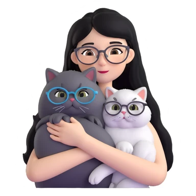 Skinny woman with oval glasses, long straight black hair, wearing white sleeveless top, hugging a grey Persian-Angora cat, plain background sticker