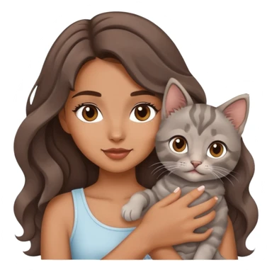 A beautiful girl with big brown waves was holding a gray kitten sticker