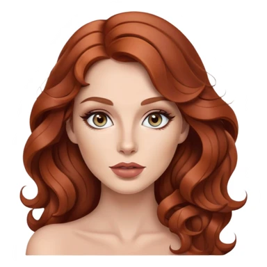 Rousse aux cheveux très très long et ondulé. Yeux gris, make up léger avec contouring prononcé. Nails artist lèvre clair et pulpeuse  sticker