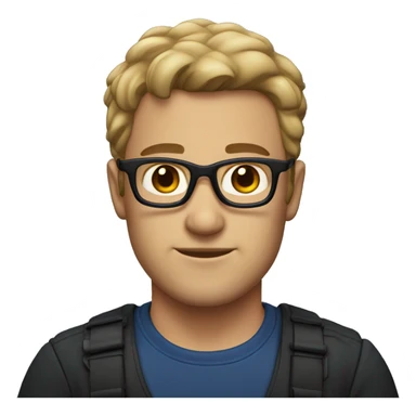 man with dark blonde hair, stubble, with dark brown eyes, black glasses, and dark blue shirt sticker
