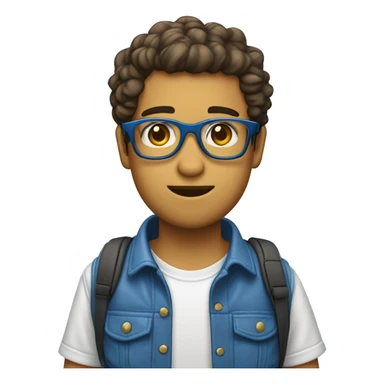 Joven con gafas, camisa azul y mochila, cabello liso sticker