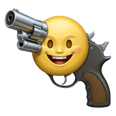 Yellow laughing face pointing gun at its own mount. The barrel of the gun is pointed towards the smile into the mouth sticker