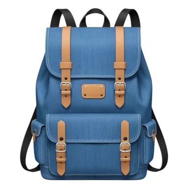 An emoji-style blue denim backpack with a flap top. Two short black buckle straps are attached only at the top flap, not extending to the bottom. The front is clean with no pockets or extended straps. The backpack has two side pockets. Flat, minimalist, cartoon icon.


 sticker