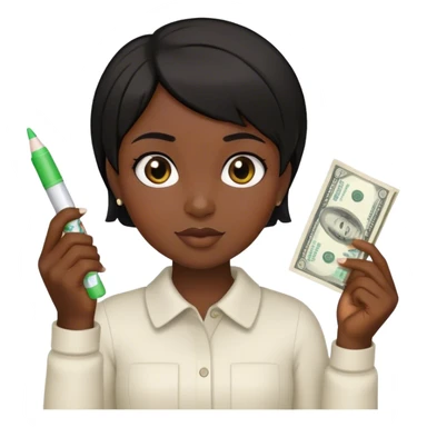 a young girl with dark skin and short black hair holding money and a glue stick in her hands sticker