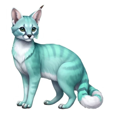 Colorful dark tropical iridescent pale light jade-green, mint-blue, whitish pastel white glorious divine exotic cute cool beautiful shiny beautiful fantasy-caracal-civet-genet-sergal-vernid-Cacomistle-Trico-oncilla-animal-Fakémon-hybrid-fursona (full body) sticker