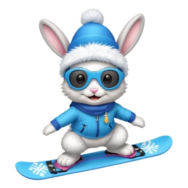 A bunny on a snowboard in blue wearing ski goggles and making party sticker