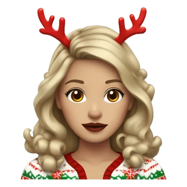 dark blond hairwd girl with christmas sweater and raindeer horns and red lipstick sticker