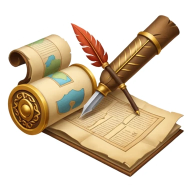An icon featuring an ancient scroll, a quill, and a historical artifact like a shield or coin. The design includes a backdrop of old maps and timelines, symbolizing the study of past events and civilizations. Transparent background highlights the exploration of history. sticker